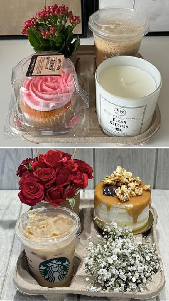 Cup Holder Gift for Mother's Day with cake, cupcake, coffee, candle, flowers, and plant.