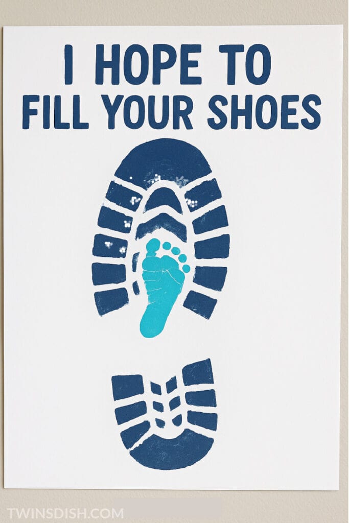 Father's Day blue foot print gift from baby with a light blue baby foot print inside of a darker blue adult shoe foot print that says: I Hope To Fill Your Shoes"
