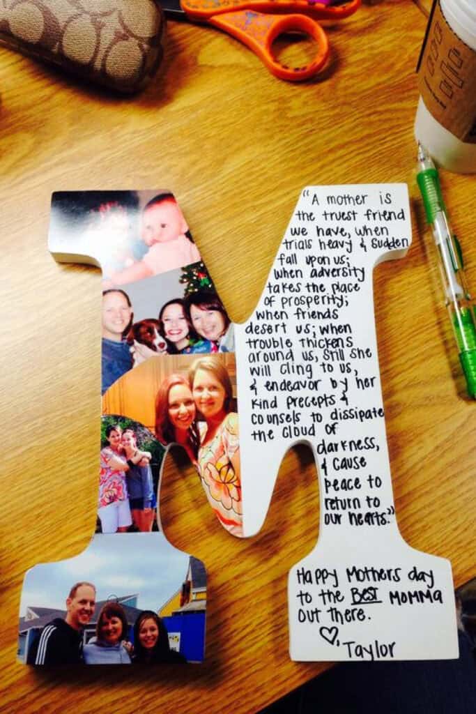 EASY DIY MOTHERS DAY GIFT IDEA WOODEN LETTER WITH PHOTOS AND A MESSAGE ON IT FOR MOTHER AND GRANDMA