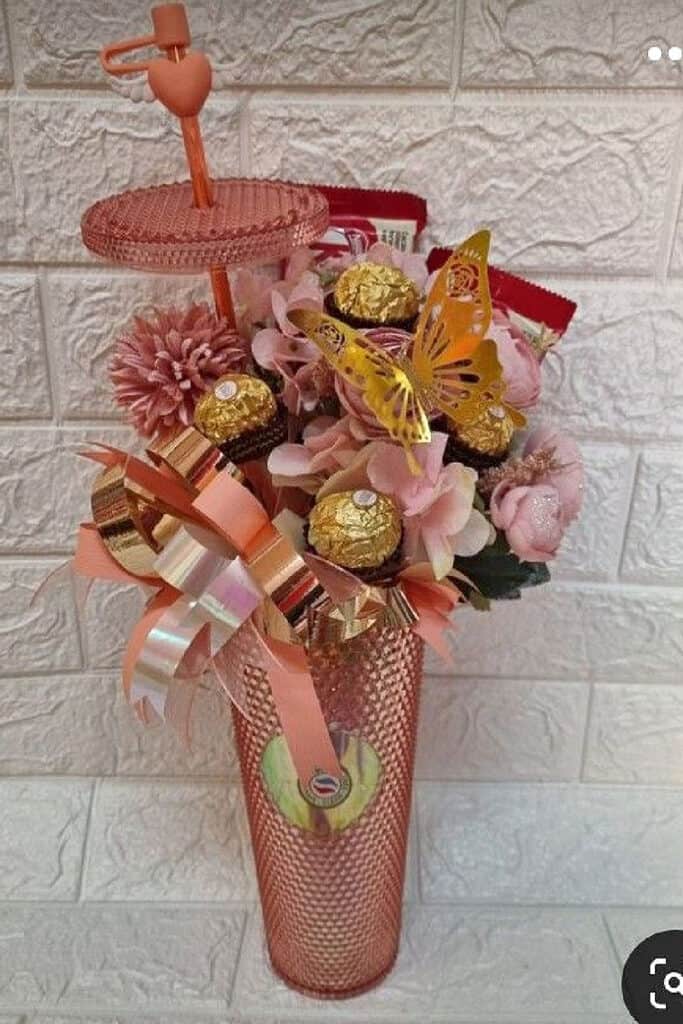 Easy DIY Mother's Day Bouquet idea for Mom and Grandma Unique with flowers chocolates in a tumbler