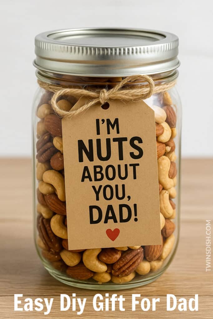 Father's Day Diy gift -Mason Jar full of mixed nuts with a brown colored gift tag tied around the neck with twine that says: I'm Nuts About You Dad