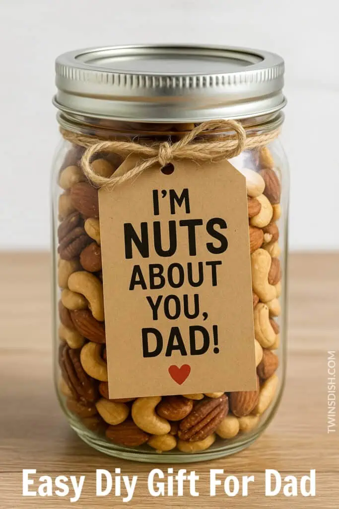 Father's Day Diy gift -Mason Jar full of mixed nuts with a brown colored gift tag tied around the neck with twine that says: I'm Nuts About You Dad