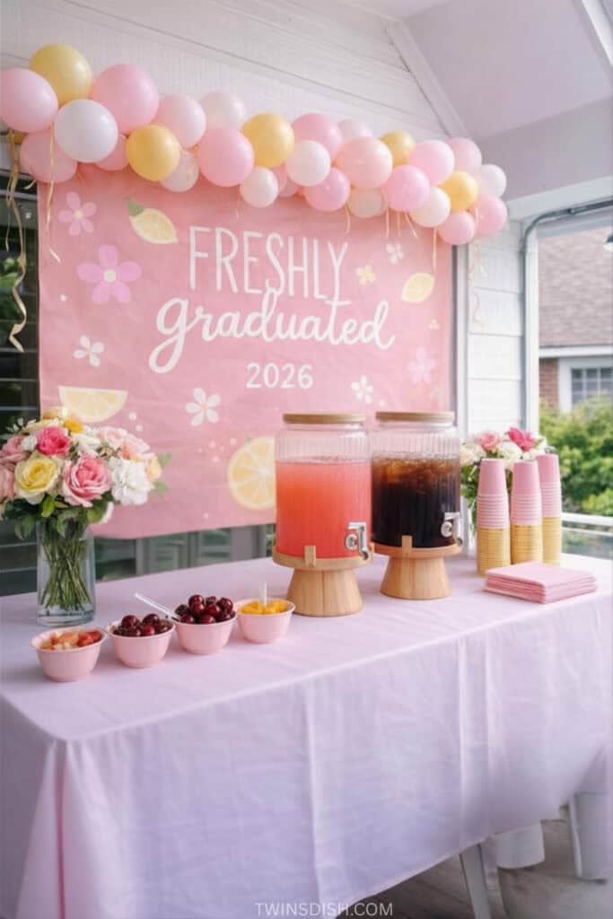 Trendy grad party drink station with balloon garland, Freshly Graduated sign, and self-serve beverage table showing graduation party ideas and common grad party mistakes to avoid.