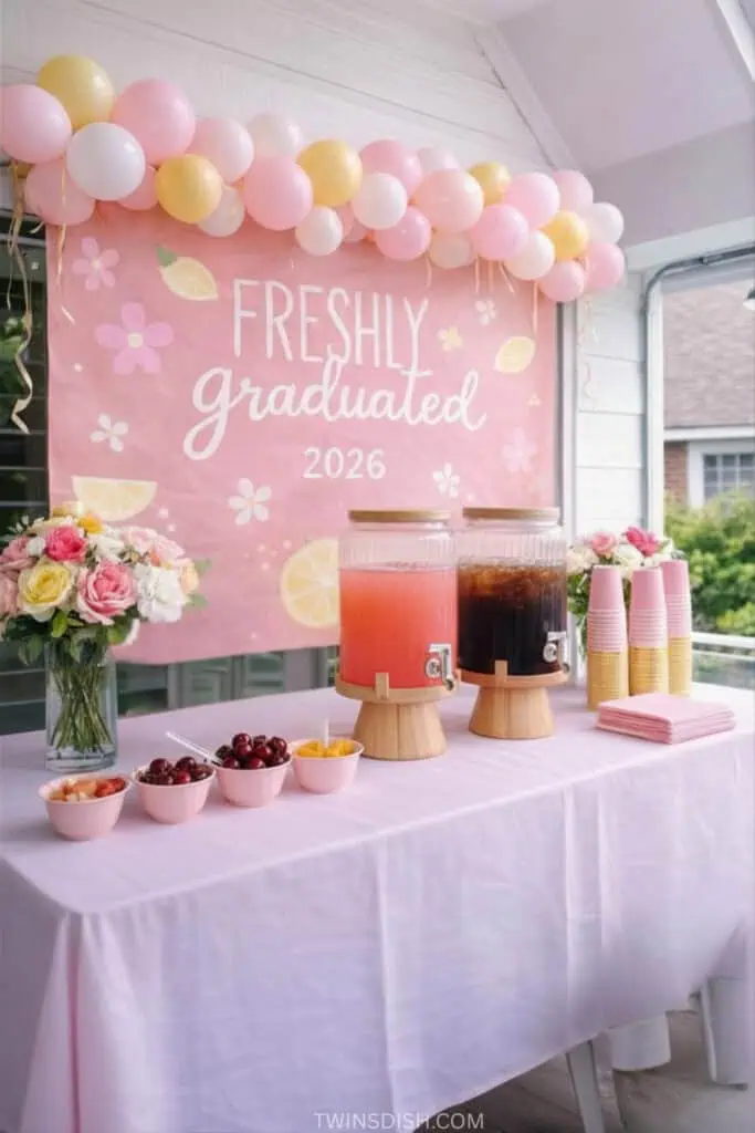 Trendy grad party drink station with balloon garland, Freshly Graduated sign, and self-serve beverage table showing graduation party ideas and common grad party mistakes to avoid.