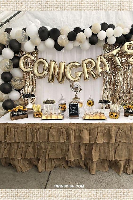 Grad Party Decoration Idea For table using burlap and gold