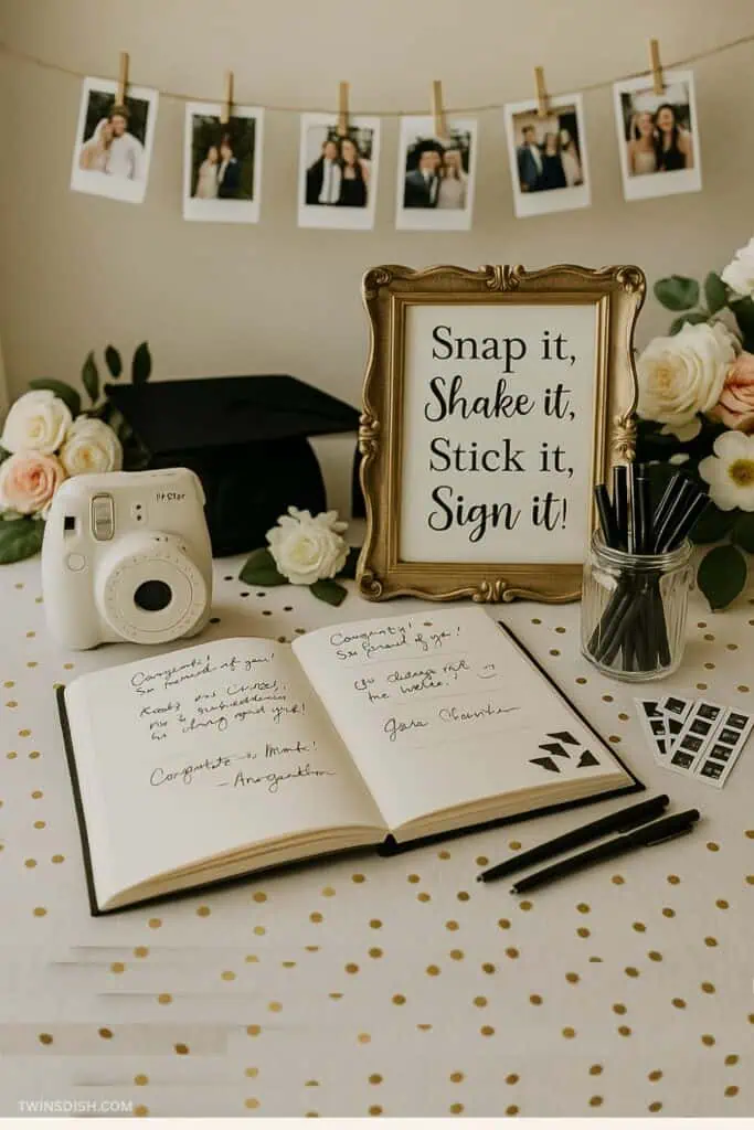A graduation party guest book table featuring a Polaroid camera, black pens in a jar, a gold picture frame sign, and an open book with photos and handwritten messages. The table is decorated with white and gold polka dot confetti and a vase of soft peach and ivory roses.