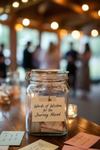 Graduation advice jar filled with handwritten notes labeled “Words of Wisdom for the Journey Ahead” at a graduation party.