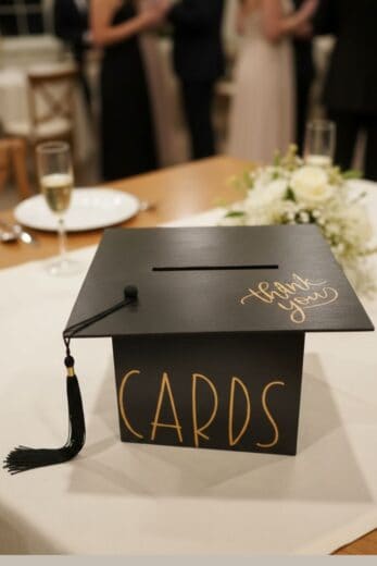 Graduation card box centerpiece styled like a graduation cap for a high school or college graduation party table.