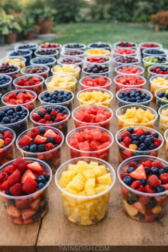 Graduation party fruit cups with strawberries, blueberries, pineapple, and watermelon served on a backyard party table.