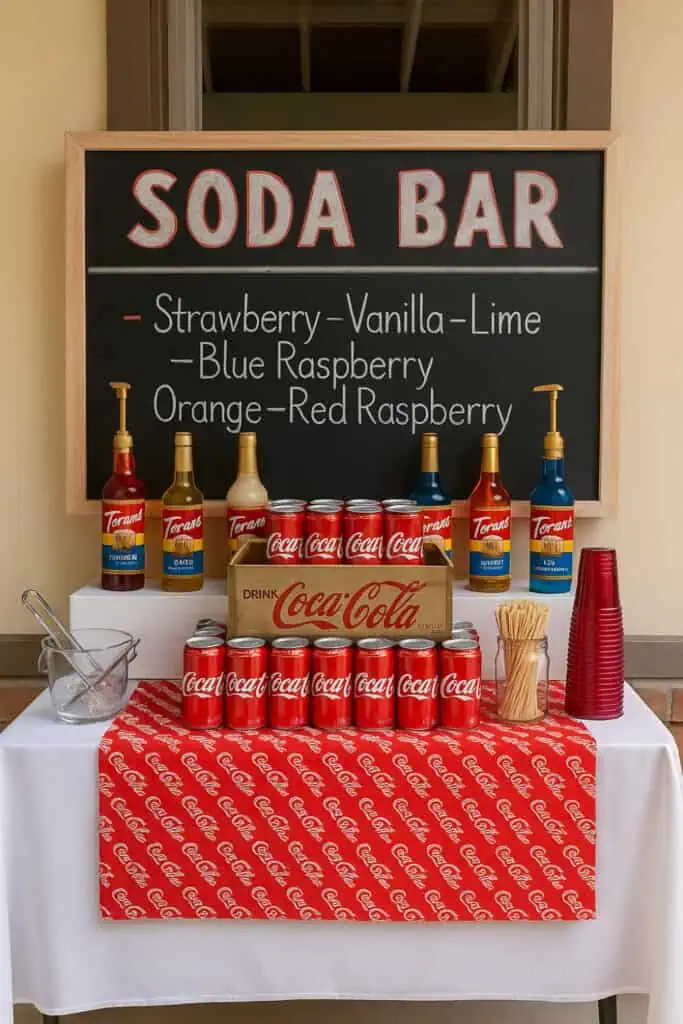 Creative DIY soda bar setup with Coca-Cola cans and Torani syrups, perfect for a self-serve drink station at a graduation party or open house.