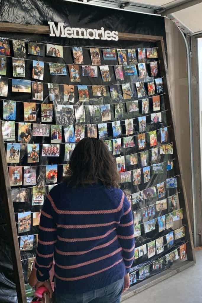 Graduation Party picture display of memories on wire in a wood frame