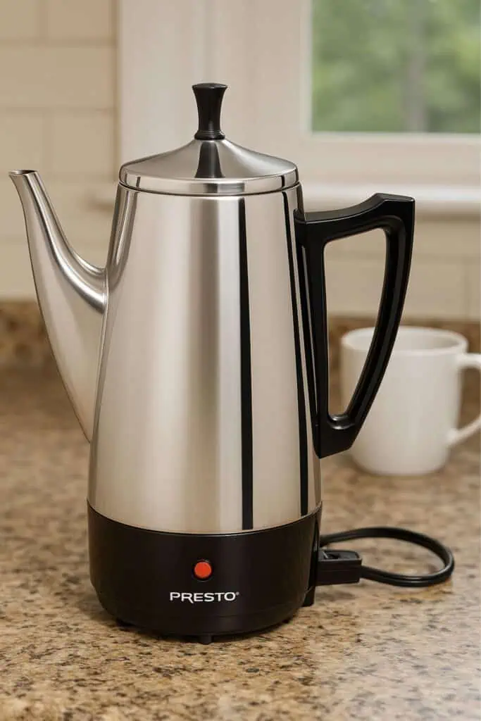 Stainless steel Presto electric percolator on a kitchen counter with a coffee cup in the background, perfect for holiday gifting.
