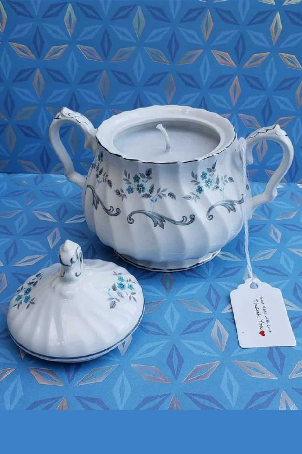 fine china Diy tea cup candle with blue flower detail