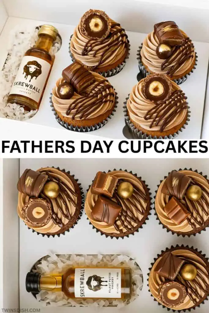 simple easy Father's Day desserts ideas with 4 hazelnut cupcakes in a half dozen cupcake box with a mini bottle of whiskey in the remaining 2 cupcake holder slots toped with chocolate and gold candies