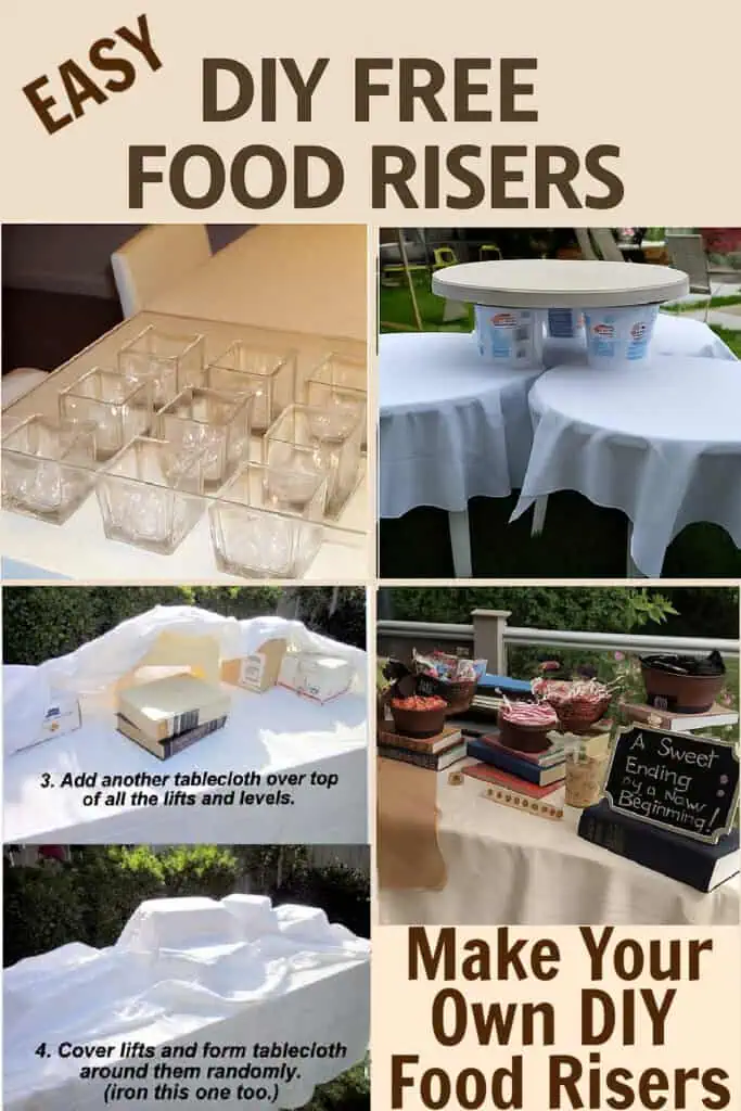three creative DIY food riser ideas: glass containers filled with ice, EMPTY AMAZON BOXES lifts hidden under a white tablecloth, and stacked books for a themed food display—easy and budget-friendly for graduation parties or events.