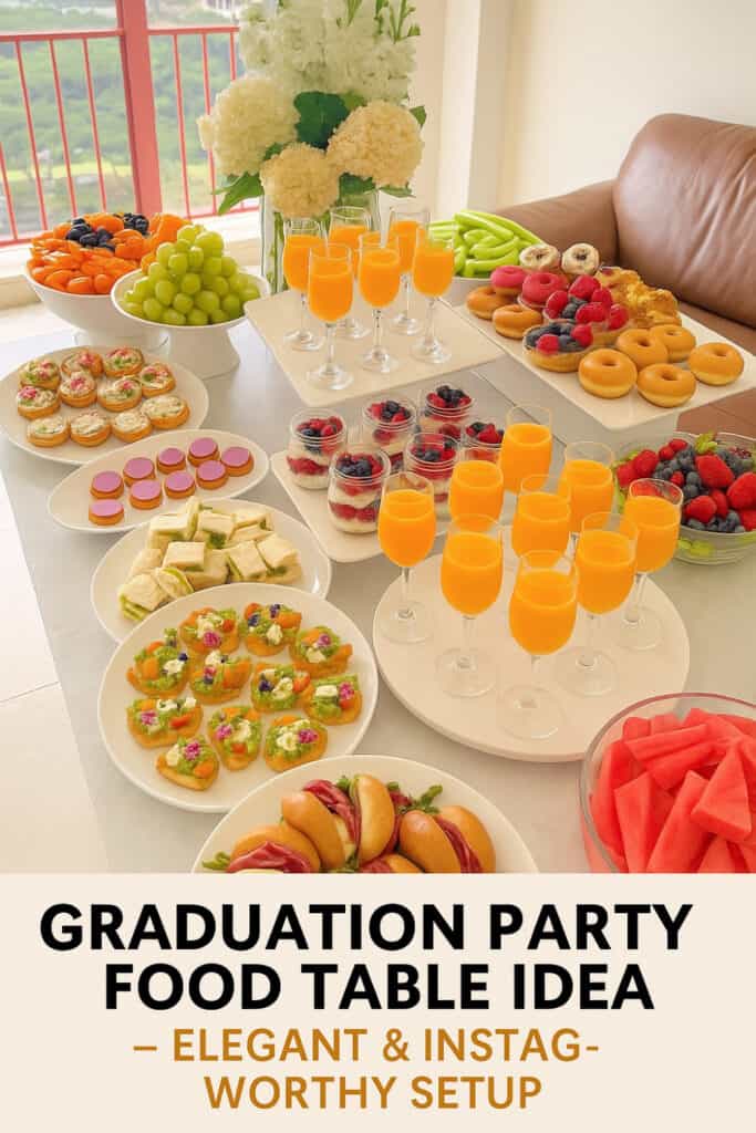 Stylish graduation party food table with mini sandwiches, colorful hors d'oeuvres, watermelon slices, donuts, fresh fruit, and juices arranged beautifully on white platters and risers. 