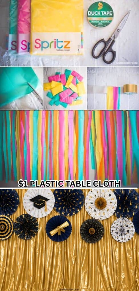 Graduation party photo backdrop with plastic tableclothES, paper fans, gold accents, graduation cap decorations