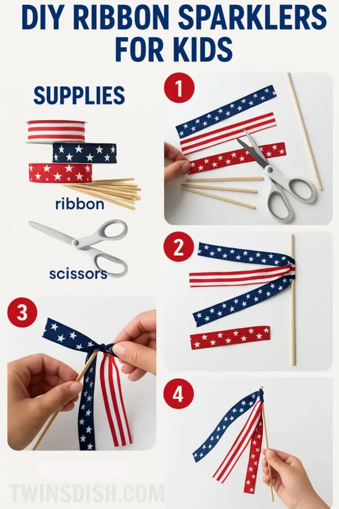 Pictorial for Easy Diy patriotic ribbon sparklers for kids using wood skewers