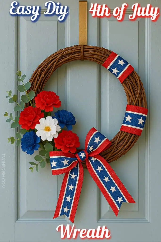Easy Diy Dollar Tree patriotic 4th of July wreath made of Grapevine wreath, ribbon, and fake flowers