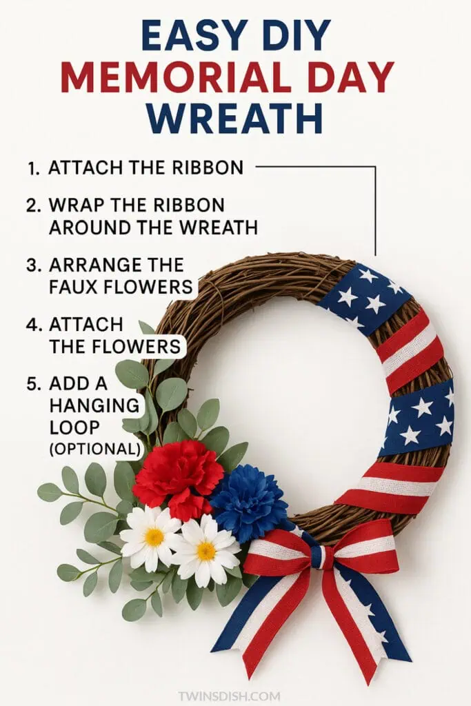 Tutorial for Diy Memorial Day Wreath Decoration with a grapevine wreath, ribbon, and fake flowers