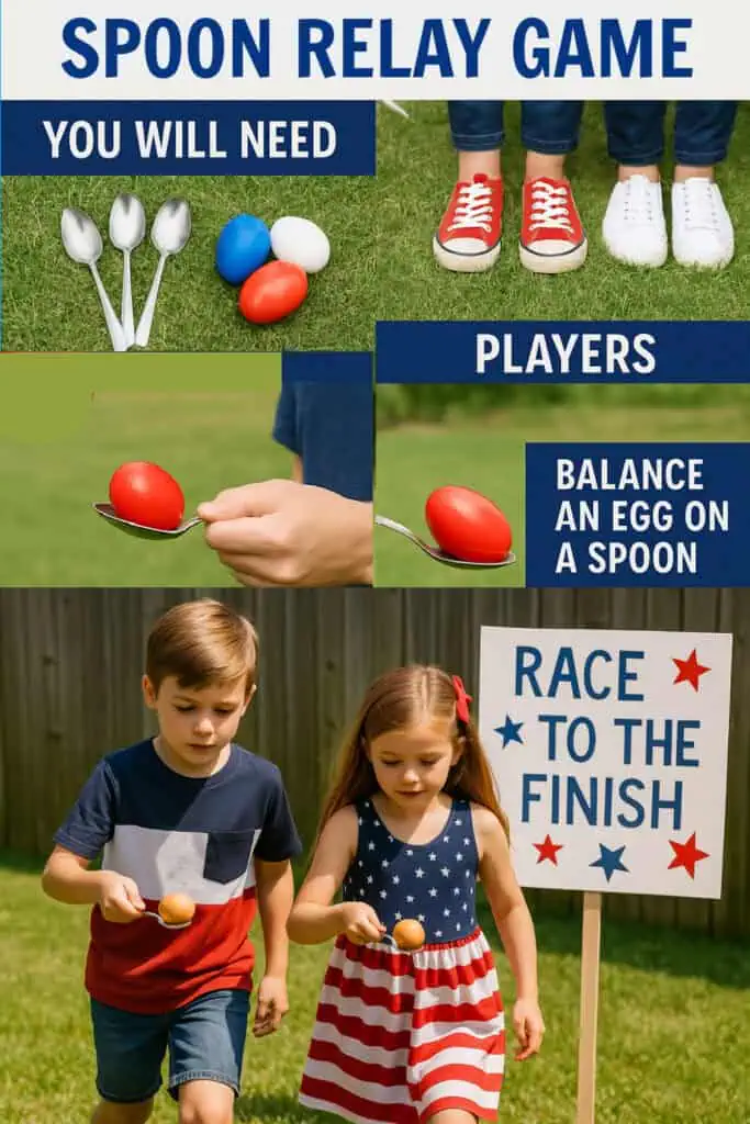 Pictorial on how to play a patriotic spoon relay game for kids for a bbq cookout party