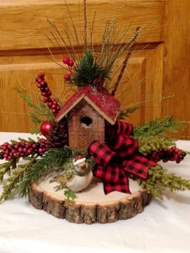 Rustic bird house wood slice decorative tray for Christmas