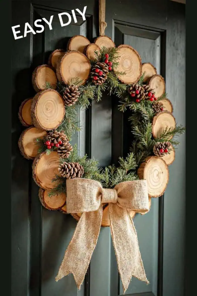 Rustic farmhouse Christmas wreath made from wood slices, pinecones, evergreens, with a burlap bow—cozy DIY holiday decor idea 