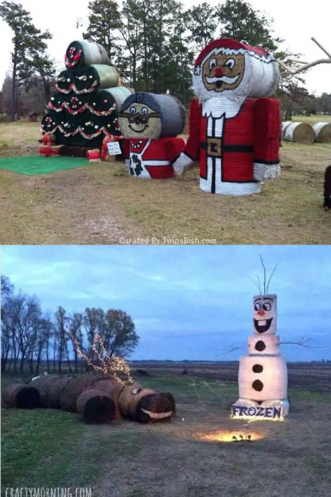 outdoor country Christmas decorations made with hay bales and water barrels