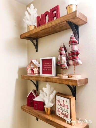 Red farmhouse Christmas decorations for bathroom shelves