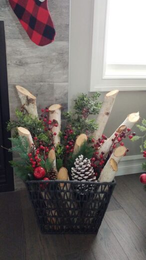 Rustic wood fireplace Christmas decor idea