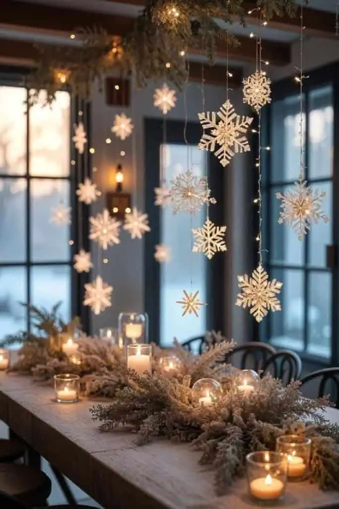 Farmhouse Christmas dining table decorated with frosted greenery garland, candles in glass holders, and hanging snowflake ornaments with twinkle lights.