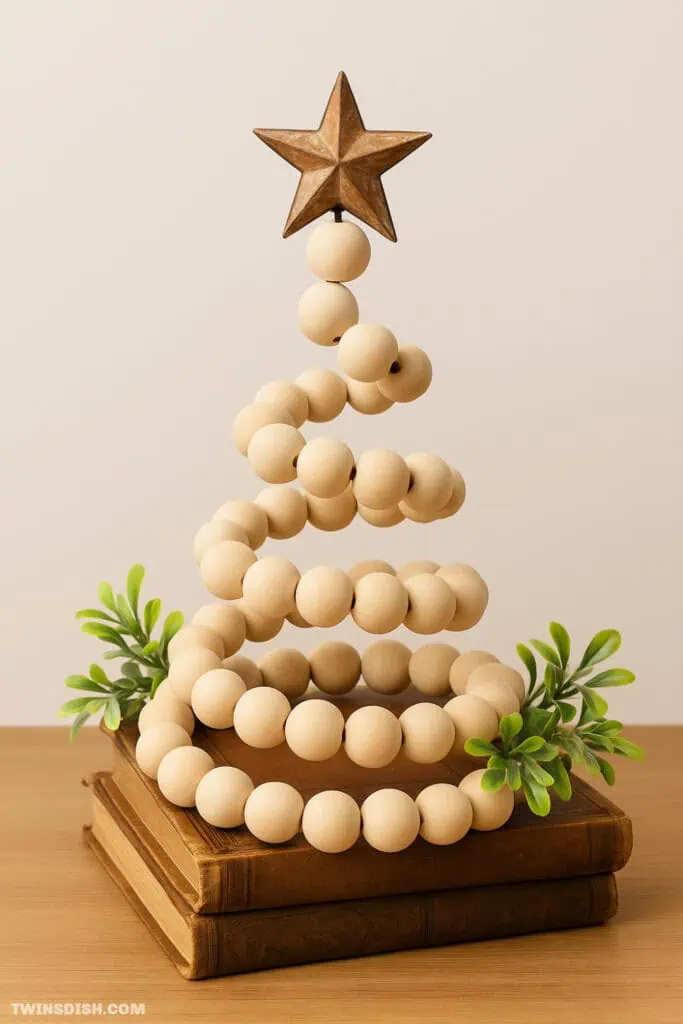 DIY farmhouse glam Christmas tree made with dollar store wood beads and antique books