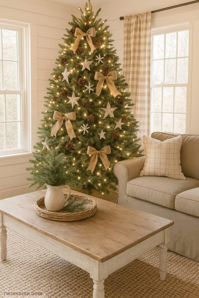 Farmhouse glam living room with Christmas tree, gold bows, and cozy neutral decor.