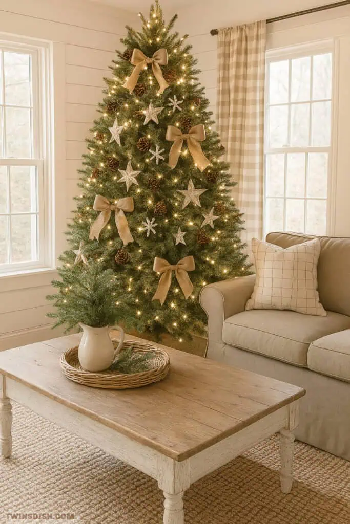 Farmhouse glam living room with Christmas tree, gold bows, and cozy neutral decor.