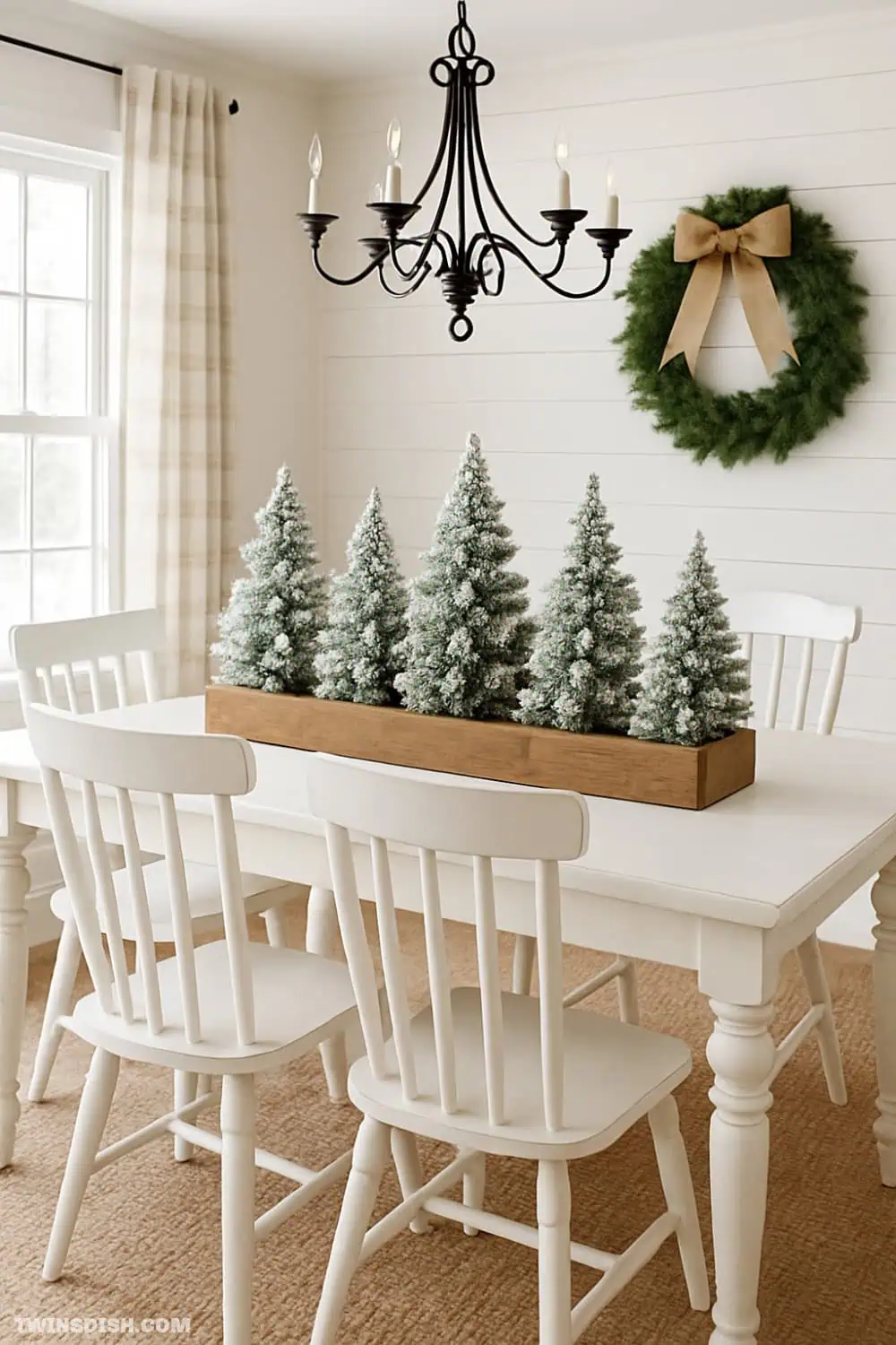 Flocked mini Christmas trees in a white tray on a farmhouse glam dining table with wreath and chandelier.