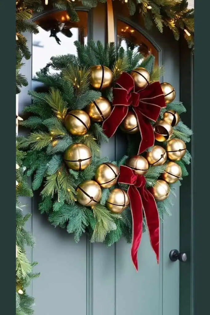 Traditional Rustic Farmhouse Christmas wreath decorated with gold bells and a red velvet bow on the front door
