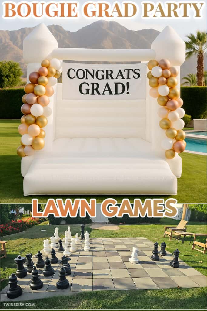 Graduation party lawn setup with luxury outdoor games including giant chess and a white bounce house decorated with balloons and a "Congrats Grad!" banner, perfect for a bougie backyard celebration.