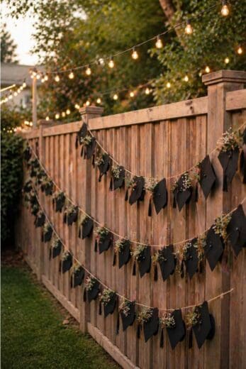 Backyard graduation party decor with black cap garland on wooden fence and string lights