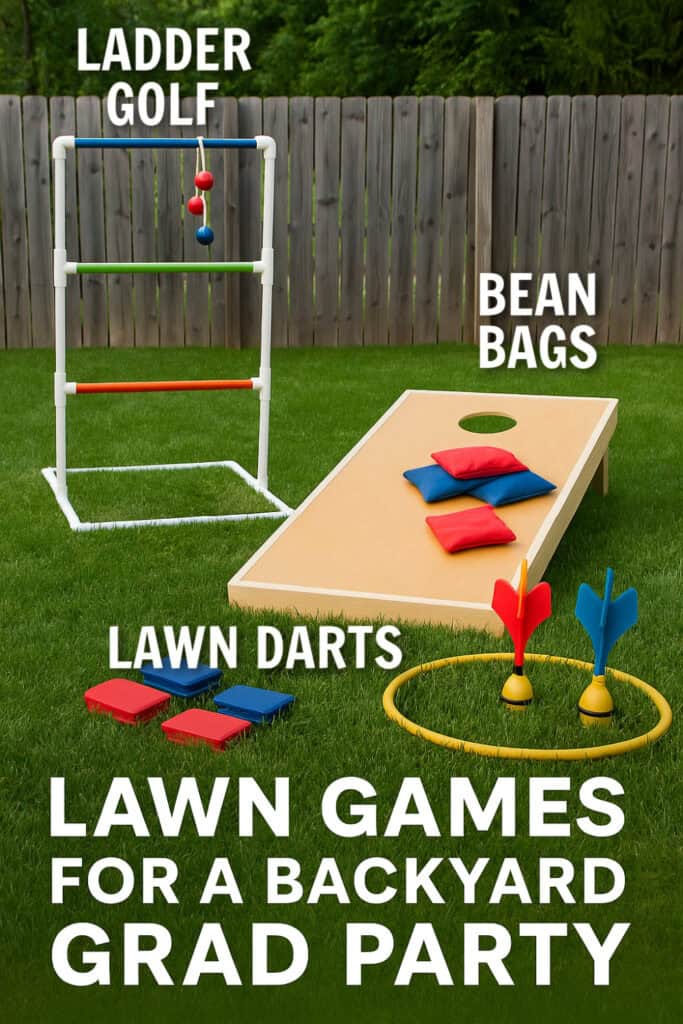 Best Backyard graduation party lawn games setup with ladder golf, cornhole with red and blue bean bags, and colorful lawn darts on green grass in front of a wooden fence.