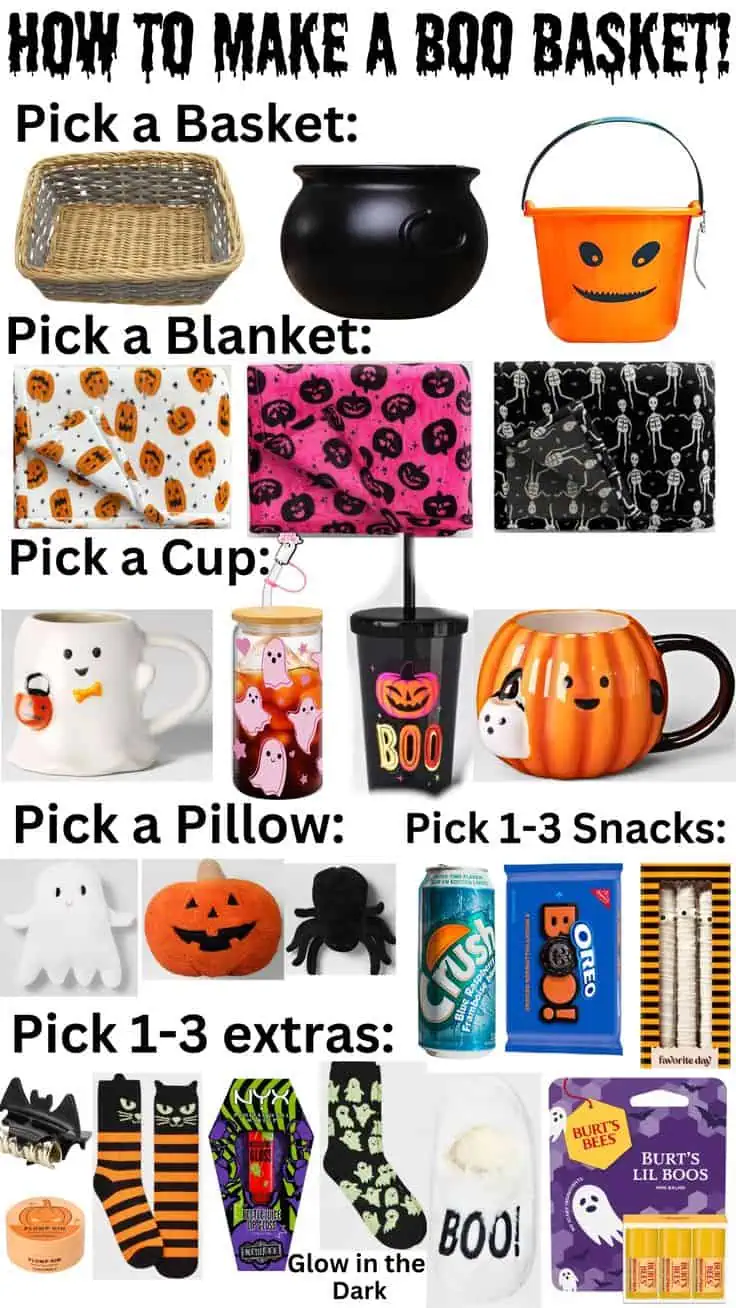 Step-by-step guide on how to make a Halloween boo basket with options for baskets, blankets, cups, pillows, snacks, and extras
