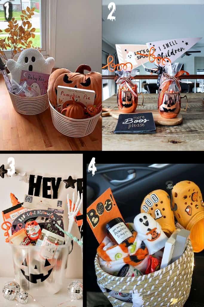 Boo Basket ideas for kids and teacher with plush pumpkin and ghost toys, orange crocs, candy, and moscow mule mugs