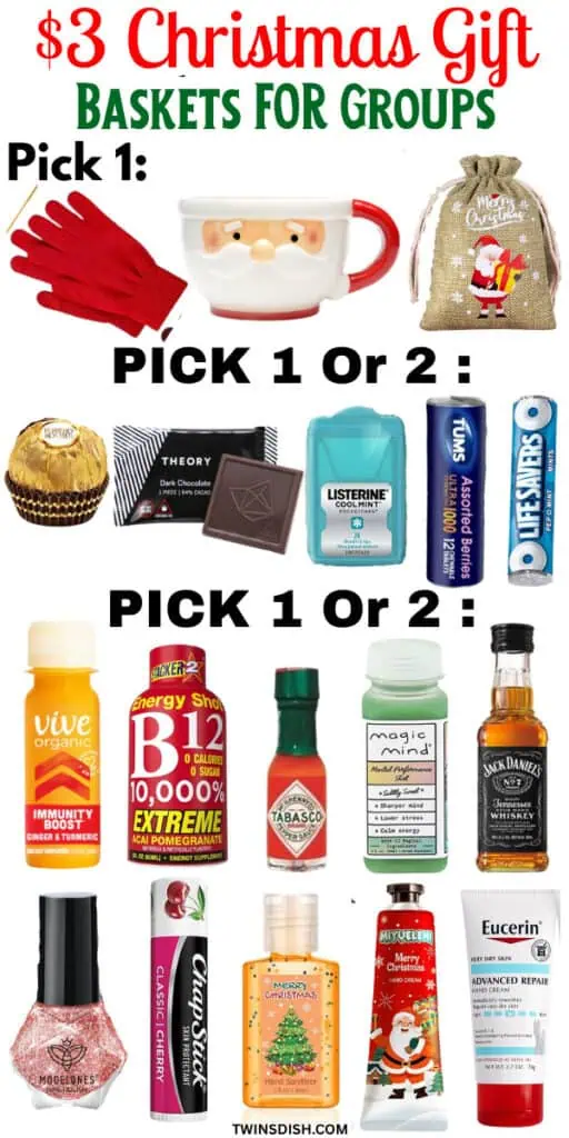 A collage of budget-friendly $3 Christmas gift basket ideas including Santa mugs, gloves, candy, chapstick, mini liquor bottles, and holiday hand creams. The image text reads “$3 Christmas Gift Baskets for Groups.” Perfect for affordable DIY holiday gift ideas for coworkers, neighbors, and friends.