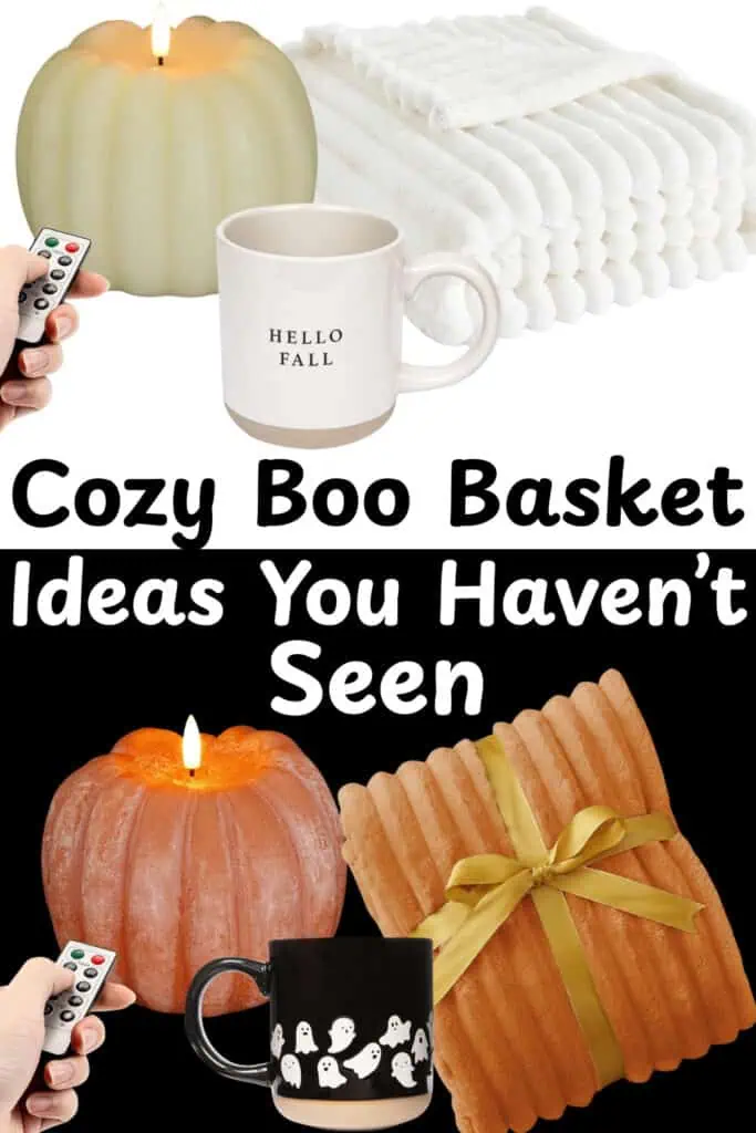 Cozy fall-themed boo basket ideas featuring soft blankets, pumpkin candles, and festive mugs — unique Halloween gift inspiration for neighbors, him, or her.