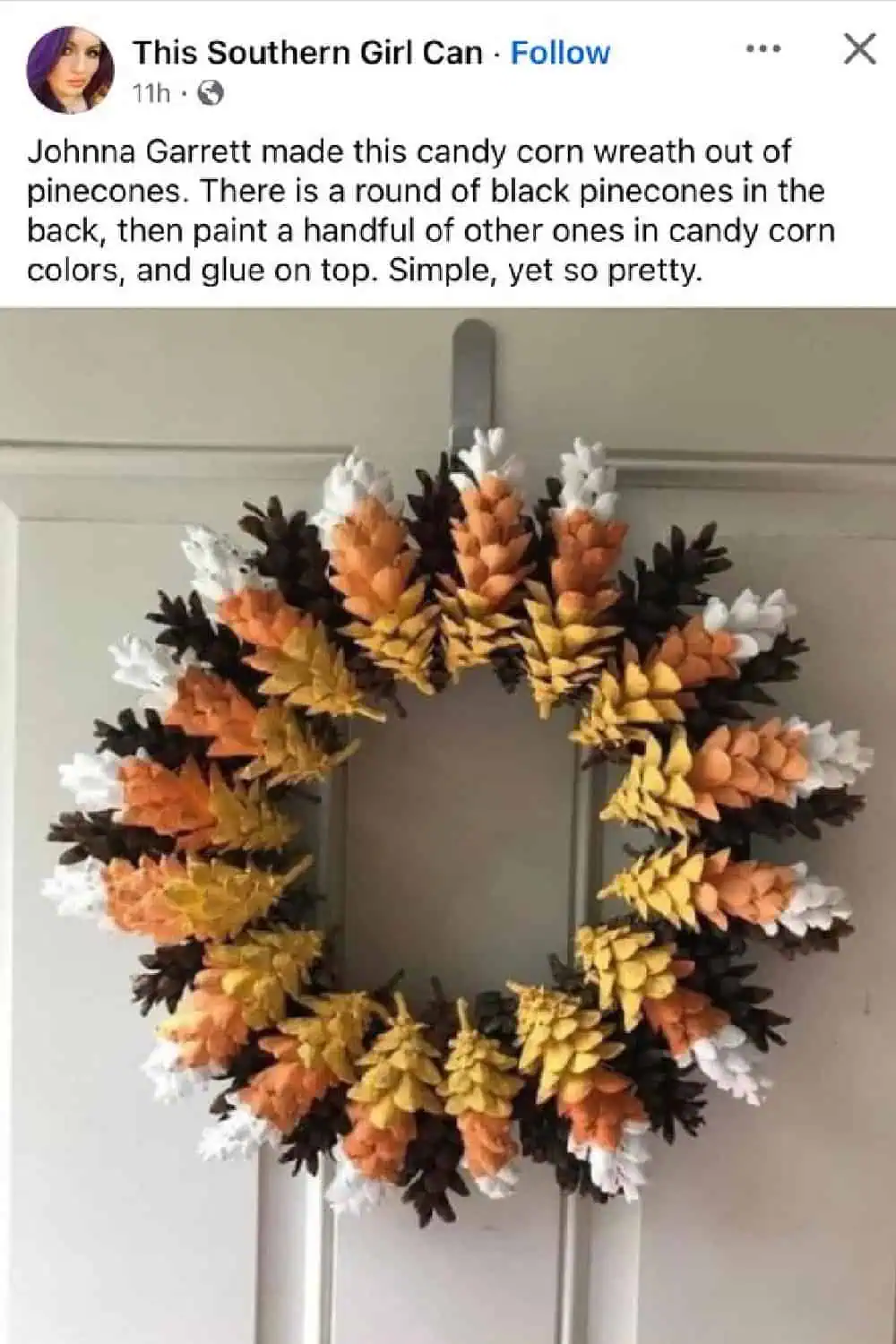Easy Diy pine cone wreath with painted candy corns