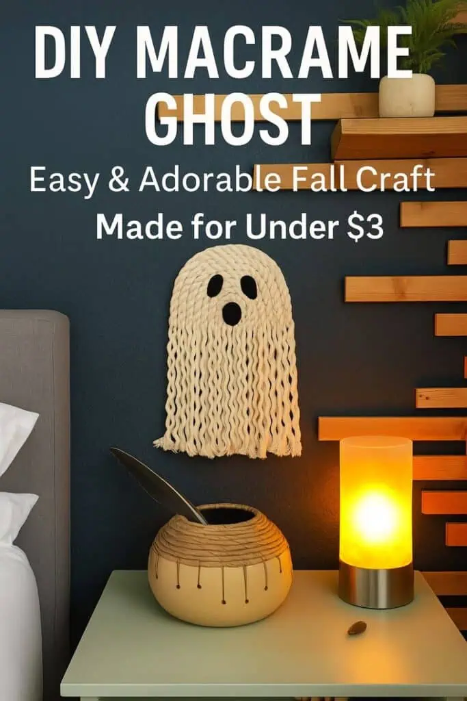 DIY macrame ghost fall craft made with Dollar Tree supplies for under $3 – easy Halloween decor or craft to make and sell, for kids, teens, and adults as featured on Twins Dish