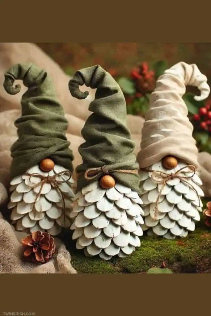 Three rustic DIY Dollar Store pinecone gnome decorations with textured green and beige fabric hats, twine bows, and wooden noses—perfect for cozy Fall Thanksgiving decor or trending THIS YEAR holiday crafts to make and sell.