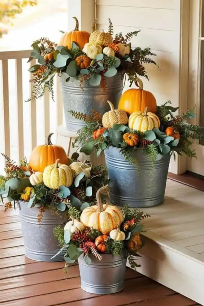 DIY fall porch décor with galvanized buckets filled with pumpkins, gourds, eucalyptus, and autumn greenery. Easy and rustic fall decorating idea.