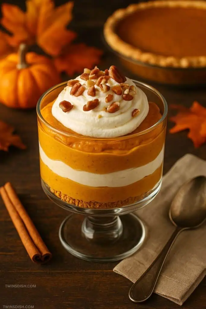 Layered no-bake pumpkin cheesecake parfait in a glass dish with whipped cream and pecans, surrounded by fall leaves, pumpkins, and cinnamon sticks. A cozy Thanksgiving dessert idea trending