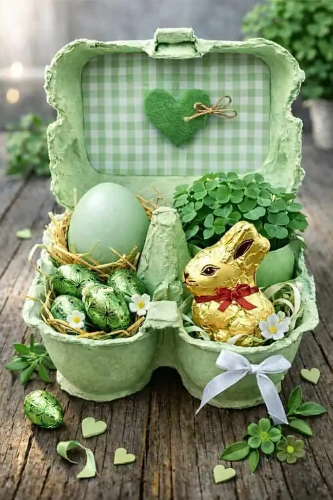 Green egg carton Easter basket with chocolate bunny, decorated eggs, clover plant, and rustic spring decor