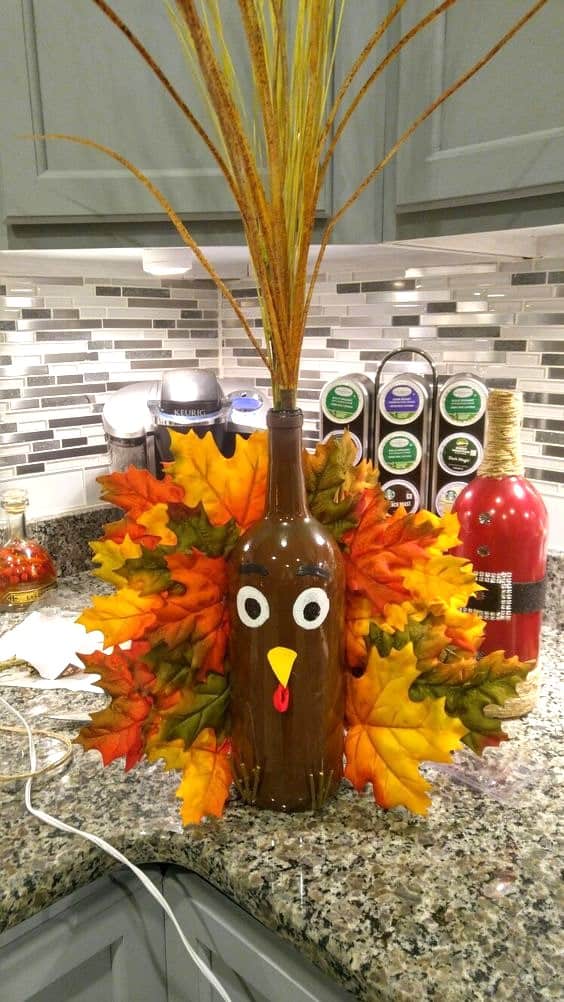 Easy Fall DIY Wine Bottle Turkey Centerpiece Vase